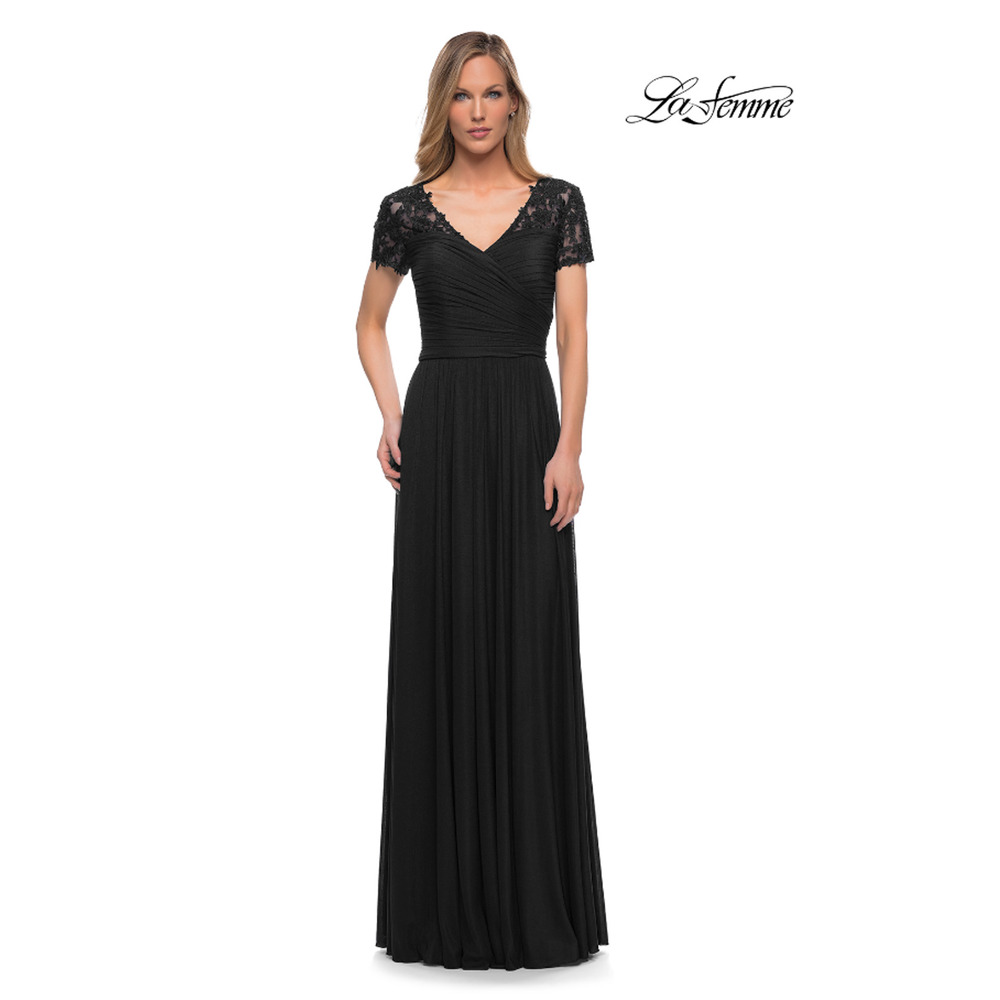 LA FEMME 29772 Women's Jersey Gown Size 10 Black Floral Lace Long Dress NWOT